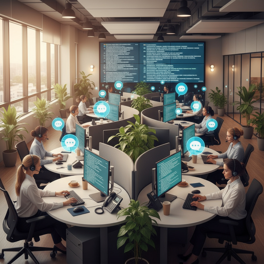 Customer support team with phone and chat