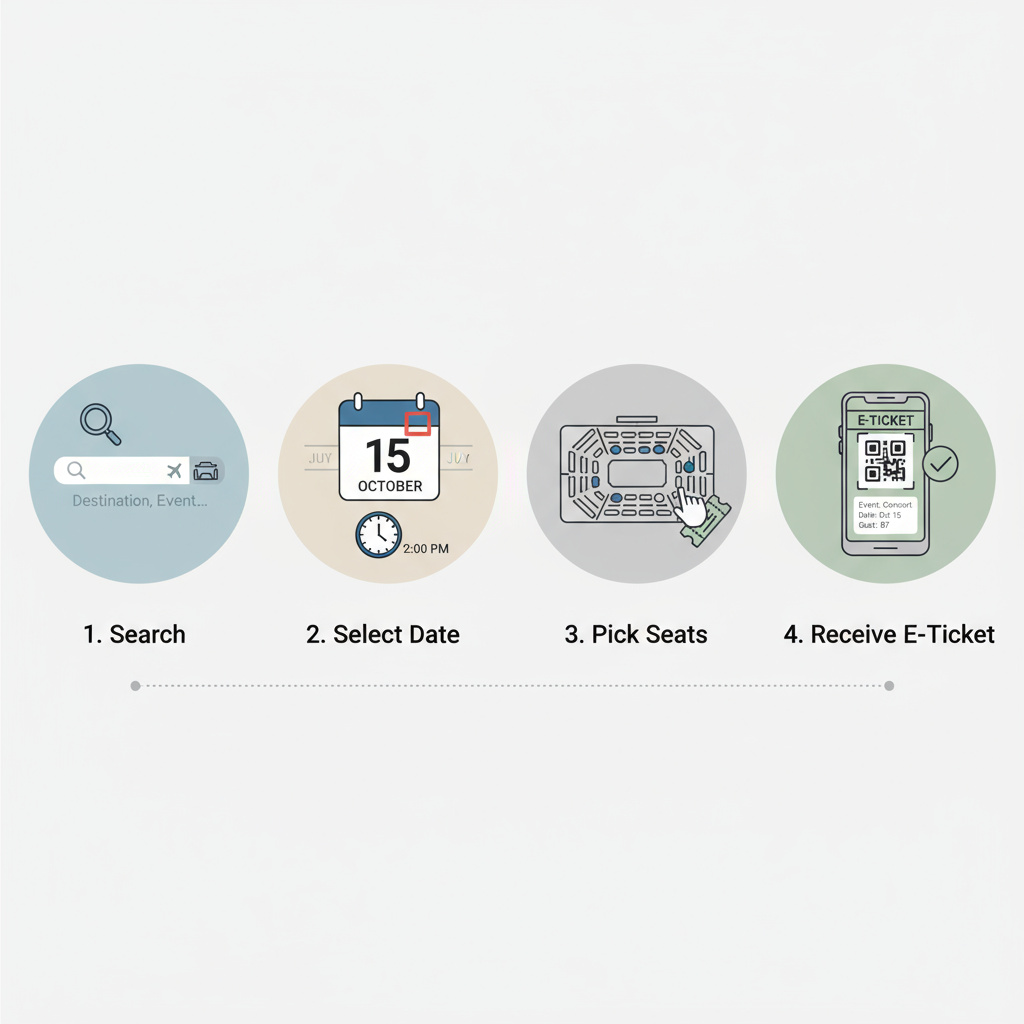 Steps: search, select date, pick seats, receive e-ticket